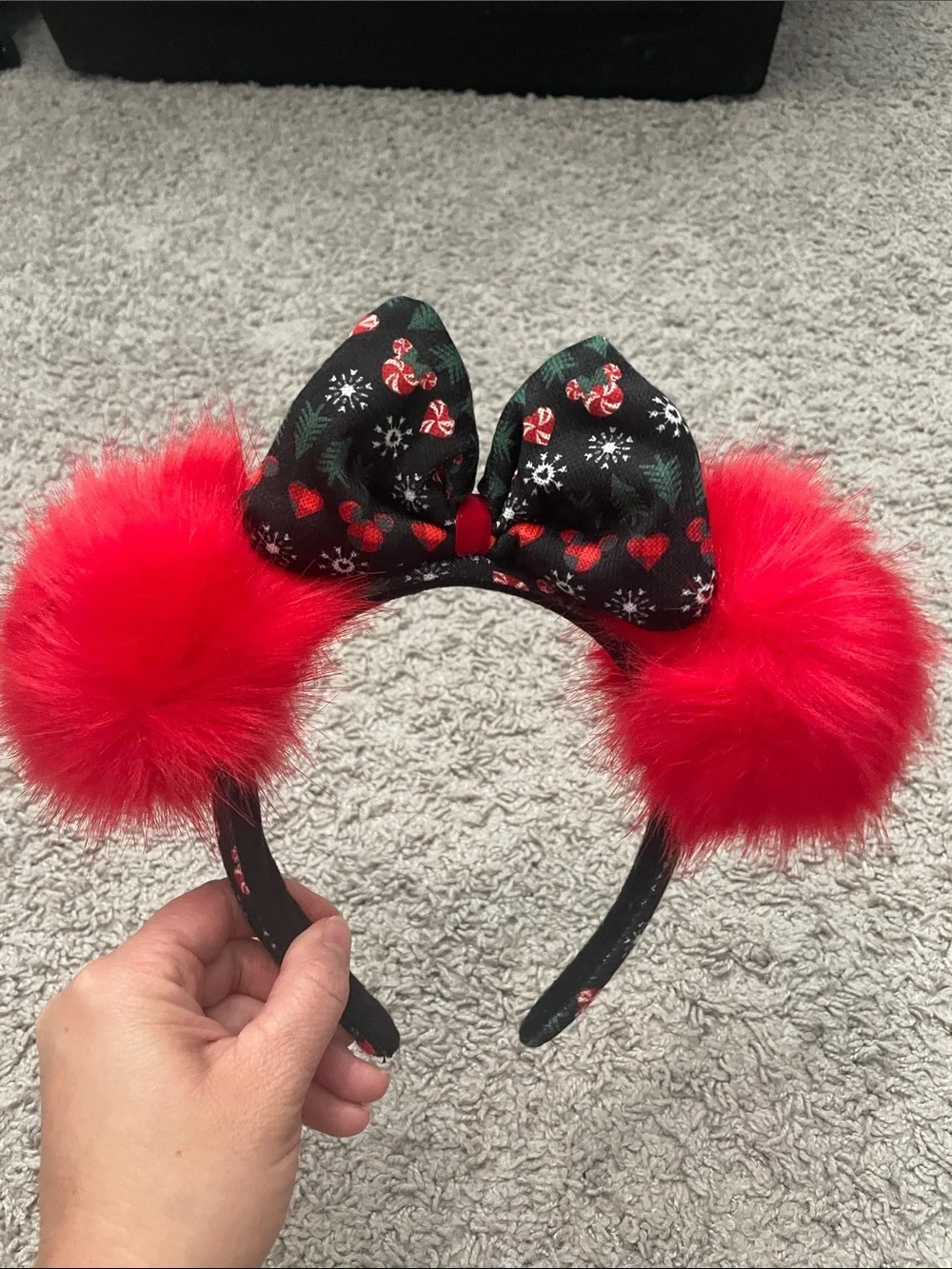 Disney Christmas Red Pom Pom Minnie Ear with Black Holiday Bow